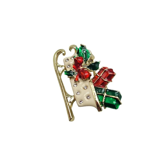 Giovanni X-Mas Sleigh Clear Rhinestone Beige Green Red Enamel Gold Tone Brooch - Picture 2 of 5